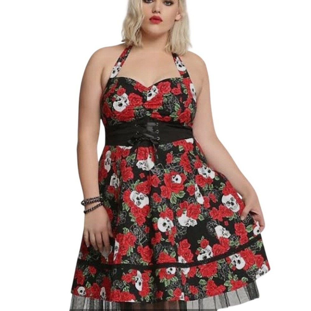 Torrid Dress Womens 12 Black Skull Rose Halter Corset Fit Flare Rockabilly Goth
